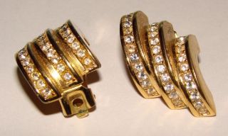 VINTAGE CHRISTIAN DIOR CLIP EARRINGS CRYSTAL Rhinestone SIGNED Gold TONE CRYSTAL 3