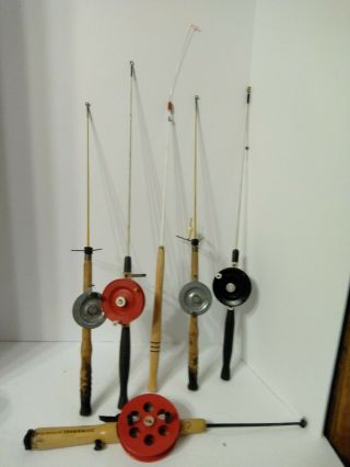 Vintage Ice Fishing Rods Poles Set Of 6 Wood Handles
