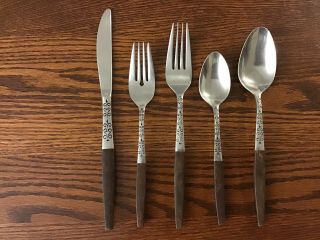 Set Vintage Interpur Stainless Steel Flatware Japan Wooden Canoe Muffin Etched
