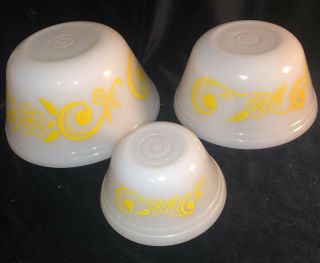 3 Vintage 8 " 7 " 5 " Federal Yellow Scroll Daisy Flower Milk Glass Mixing Bowls