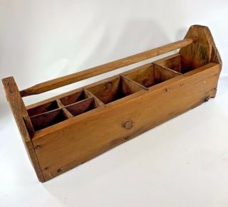 Vintage Wood Tool Caddy Carrier Tote 7 Sections 18 1/2 " X 5 1/4 " X 7 " Primitive
