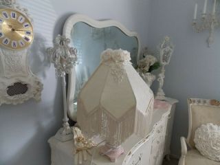 Shabby Vtg.  Victorian Ivory/ Cream Fringe Lamp Shade W/ Roses &pearl Lace Drop