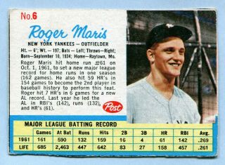 Vintage - 1962 - Post Cereal - Roger Maris - York Yankees - No.  6