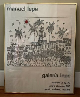 Famous Mexican Artist Manuel Lepe Framed Black & White Print Of Puerto Vallarta