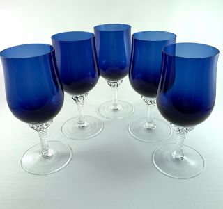 Vintage Sasaki Coronation Cobalt Blue Wine Glasses - Twisted Stem (set Of 5)