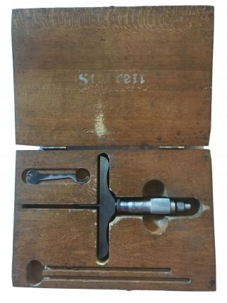 Vintage Starrett No.  445 Wide Foot Depth Micrometer In Wood Box