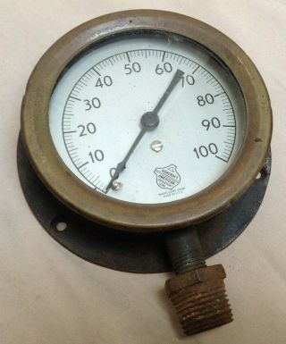Vintage Ashcroft Pressure Gauge 100 Pound Brass Bezel & Cast Iron Case