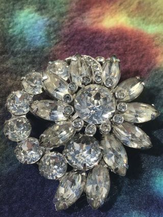 Signed Eisenberg Ice Vintage Crystal Clear Rhinestone Brooch Pin Large 3