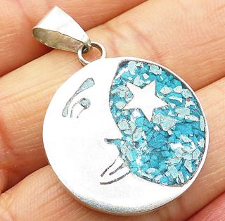 Mexico 925 Silver - Vintage Crushed Turquoise Moon & Star Drop Pendant - P5212