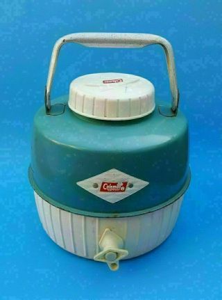 Vintage Coleman 1 Gallon Blue Teal White Metal Water Cooler Jug Spout Cup Handle