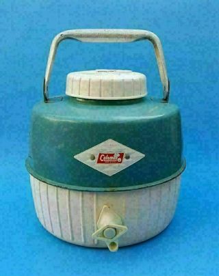 Vintage Coleman 1 Gallon Blue Teal White Metal Water Cooler Jug Spout Cup Handle 2