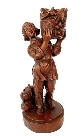 Vintage Hand Carved Wooden Statue Asian Woman With Fruit Vegetable Basket Teak
