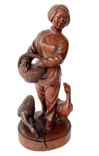 Vintage Hand Carved Wooden Statue Asian Woman With Basket Geese Teak Wood