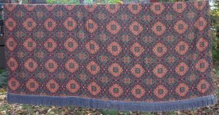 Vintage Victorian Heavy Woven Orange Green Brocade Tapestry Bedspread Fringe