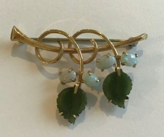 Vintage Krementz Gold Overlay Jade Leaf Opals Brooch Pin A5 - 55