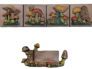 Vintage 1970s Folk Art Merry Mushrooms Ceramic Painted Wall Plaques,  Log Decor