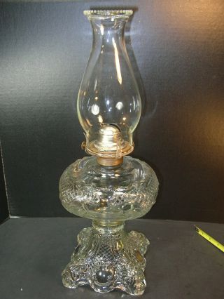 Vintage Ornate Pedestal Base Clear Glass Oil Lamp With Chimney