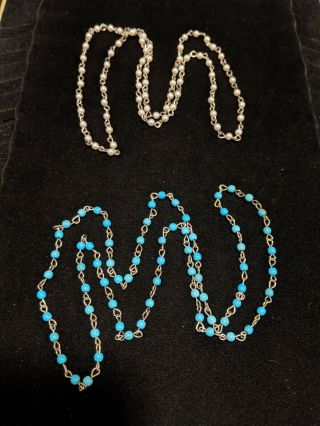 Vintage Silver Tone Turquoise Blue White Bead Set Of 2 Necklaces