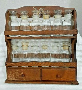 Vintage Wood Spice Rack With 12 Glass Apothecary Jars Made In Japan