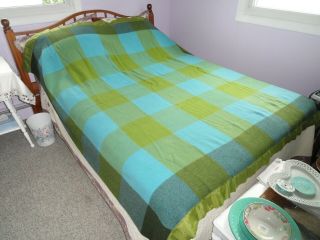 Vintage Pearce Wool Blanket Large Plaid Blues Greens Satin Border Full Size Bed