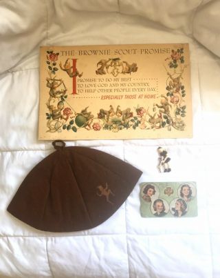 Vintage Brownie Girl Scout Collectible Hat Pin Brownie Scout Promise Card