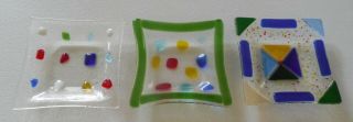 Art Glass Small 3 Dishes Multi Colored Fused Glass ? Vintage 4.  5 " Square Flecks