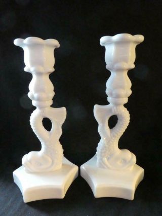 Vintage Milk Glass Dolphin Koi Fish Serpent Candlestick Candle Holders