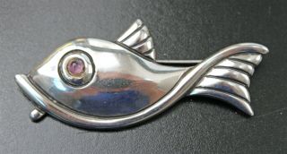Vintage Sterling Silver Fish Pin Brooch Set With Amethyst Eye By Emma Of Taxco