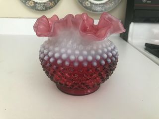 Vintage 6 1/2 " Fenton Glass Cranberry Opalescent Hobnail Rose Bowl Vase