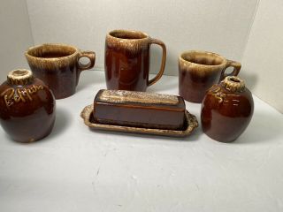 Vintage Hull Pottery Brown Drip 2 Coffee Cups 1 Mug S/p 1 Butter Dish Made Usa