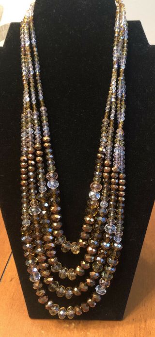 Vtg Joan Rivers 4 Strand Brown,  Gold,  And Clear Graduated Crystal 25 " Necklace