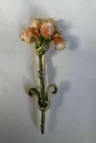 Large Vintage Bob Mackie Carnation Flower Pin Brooch Enamel & Crystals Retired