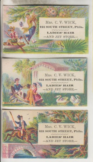 3 Vintage Advertising Cards - Mrs.  C.  V.  Wick - Ladies Hair - Philadelphia Pa.