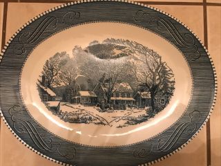 Vintage Currier And Ives Blue 13” Oval Platter “the Old Inn Winter”