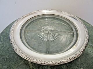 Vintage Sterling Silver Rim Divided And Etched Glass Crystal Bowl Plate 8 "