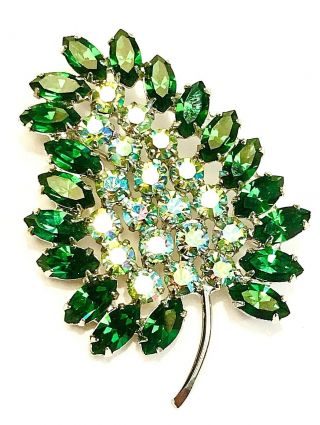 Vintage B.  David Pastel Aurora Borealis & Emerald Green Rhinestone Pin