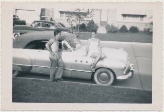 Shirtless Beefcake Man W Leggy Pinup Woman @ 1949 Buick Roadmaster Car Vtg Photo