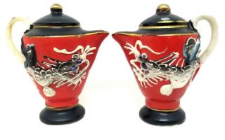 Vintage Japan Dragonware Moriage Ceramic Teapot Salt & Pepper Shakers Red Black