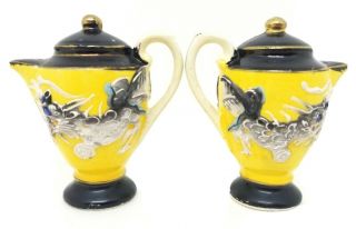 Vintage Japan Dragonware Moriage Ceramic Teapot Salt & Pepper Shakers Yellow Set