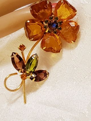 Vtg Juliana ? Heart Shape & Marquise Rhinestone Flower Brooch Pin Mixed Colors
