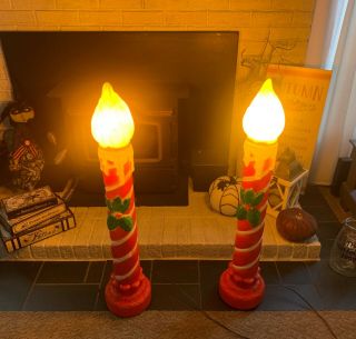 Vintage Poloron Lighted Blow Mold Christmas Candles W/holly - 38 " - L@@k