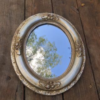 Antique Vintage Wood Carved Oval Frame Mirror With Nuts Berries Gold Plaster