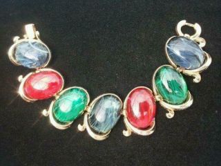 Vtg Omg Regal Crown Trifari Bracelet W Huge Ruby Emerald Sapphire Gripoix Cabs