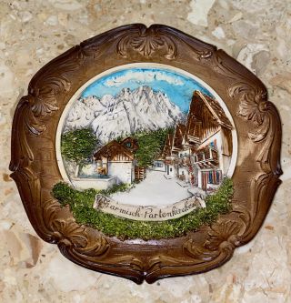 Vintage Garmisch Partenkirchen 3d Hand Painted Wall Plate Resin Germany 9.  25”