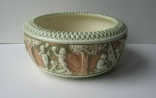 Vintage Roseville Pottery Donatello Flower Arrangement Bowl With Frog Set 7 1/2 "