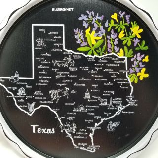 Vintage State Of Texas Souvenir Tray Black Gold Metal Travel Map Flower