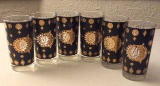 Set Of 6 Vintage Mcm Fred Press Glassware Black & 22k Gold Celestial Barware