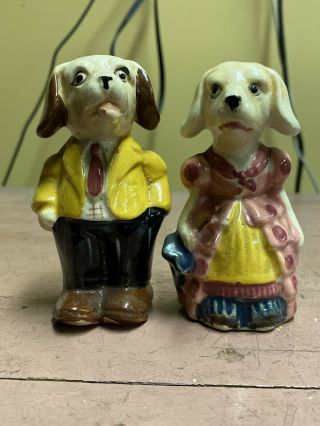 Anthropomorphic Vintage Dog Couple Salt And Peoper Shakers Japan