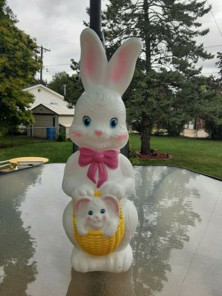 Vintage 1995 Empire Blow Mold Easter Bunny Holding Basket With Baby Lighted Exc