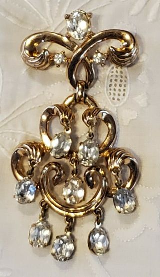 Vintage Crown Trifari Signed Brooch Dangle Gold Tone Retro Chic Holiday